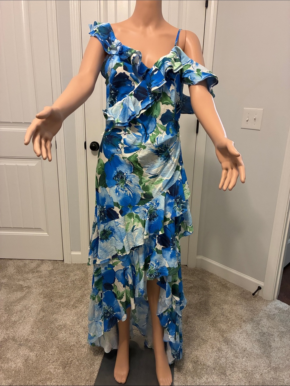 Alex Marie Blue and Green Floral Ruffle High-Low Dress